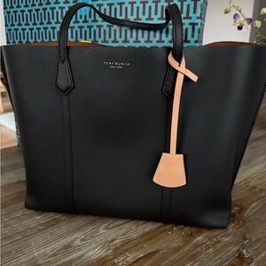 Tory Burch Perry Black Leather Tote with Tan Hanging Tag